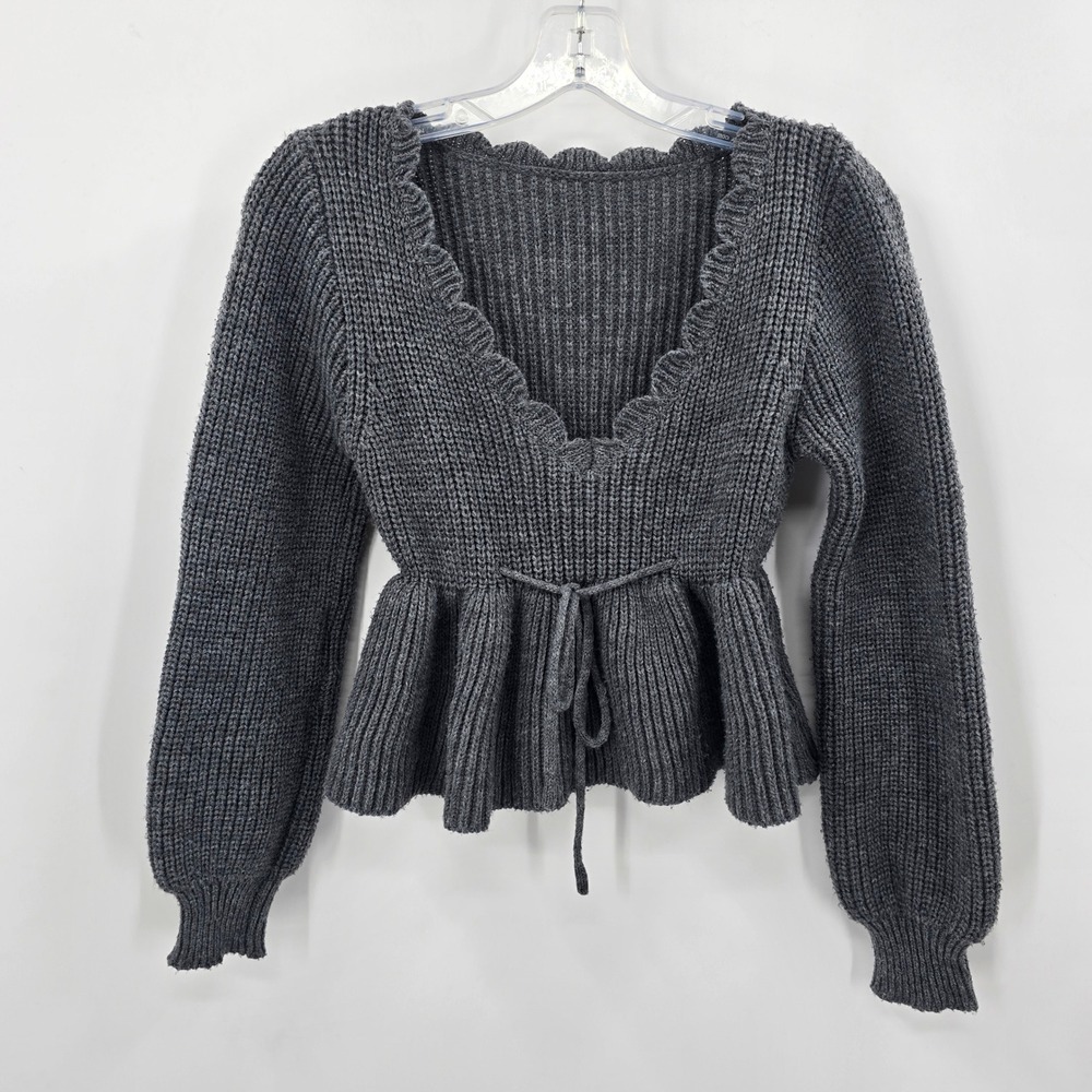 SHEIN Women Charcoal Grey Scallop Ruffle V-Neck Peplum Ribbed Knit Sweater Small